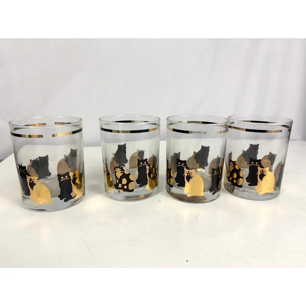Georges Briard Mid Century Cat Glasses Set of 4 Gold Accent‎ Tumblers